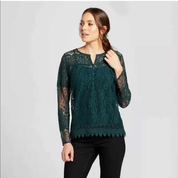 Knox Rose Tops - Knox Rose Dark Hunter Green lace long sleeve top